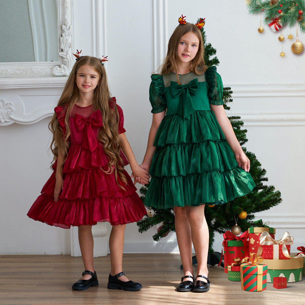 Red Organza Puffy Sleeve Ball Gown for Girls - Party & Flower Girl Dress