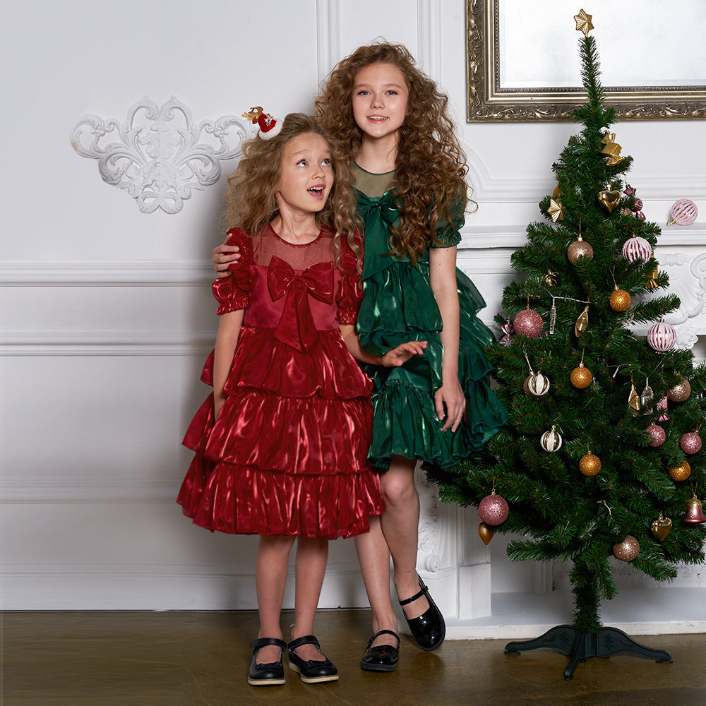 Red Organza Puffy Sleeve Ball Gown for Girls - Party & Flower Girl Dress