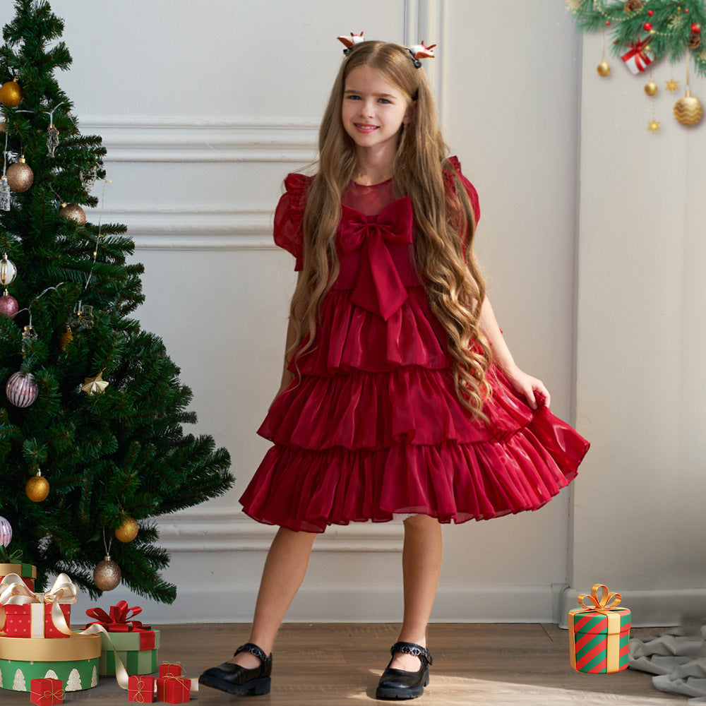 Red Organza Puffy Sleeve Ball Gown for Girls - Party & Flower Girl Dress