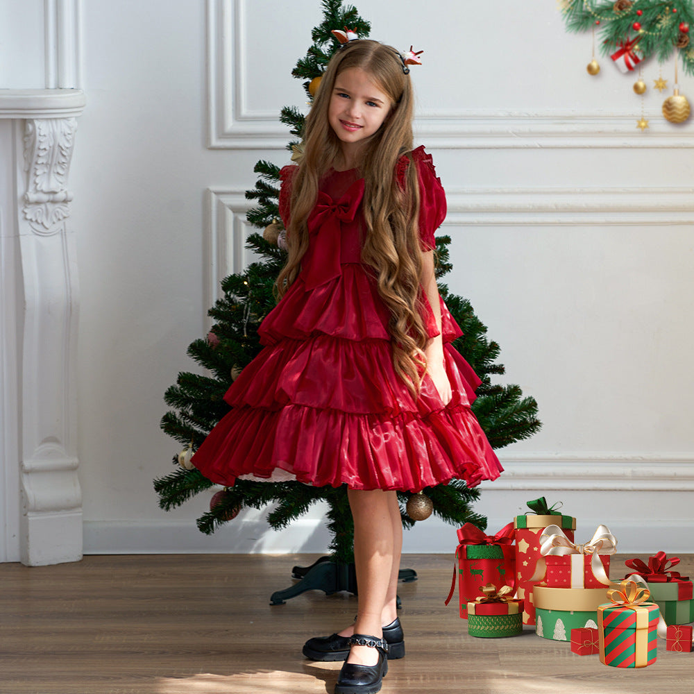 Red Organza Puffy Sleeve Ball Gown for Girls - Party & Flower Girl Dress