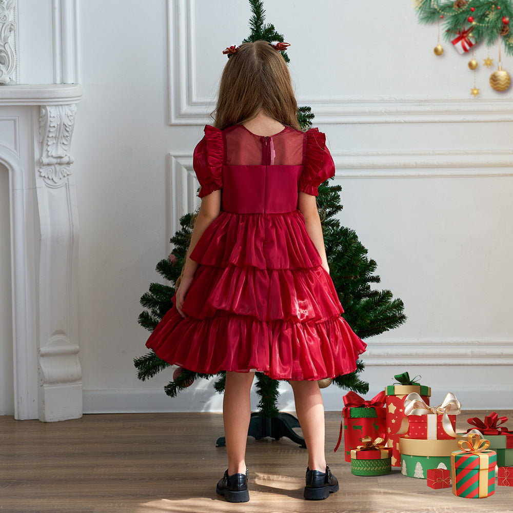 Red Organza Puffy Sleeve Ball Gown for Girls - Party & Flower Girl Dress