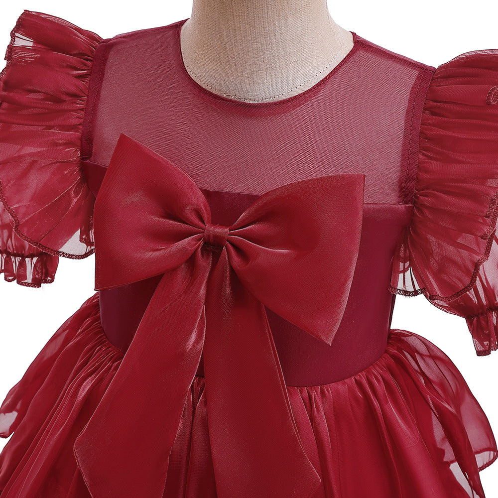 Red Organza Puffy Sleeve Ball Gown for Girls - Party & Flower Girl Dress