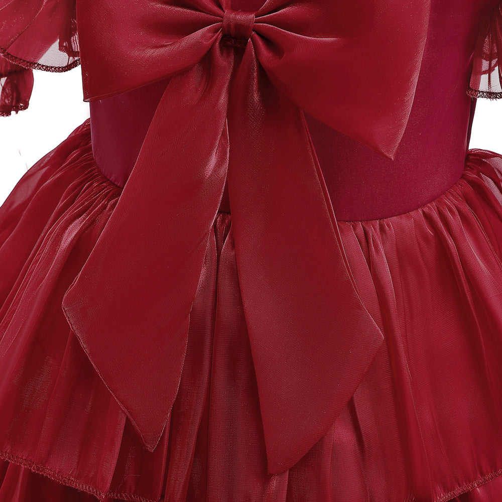 Red Organza Puffy Sleeve Ball Gown for Girls - Party & Flower Girl Dress