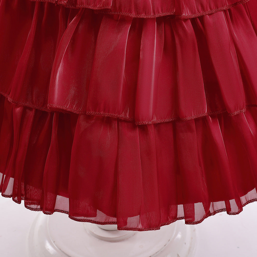 Red Organza Puffy Sleeve Ball Gown for Girls - Party & Flower Girl Dress
