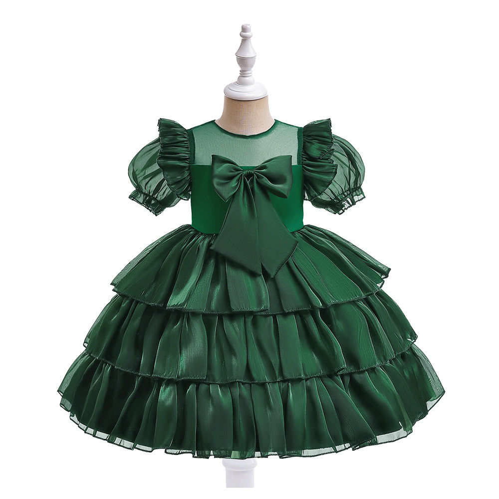 Red Organza Puffy Sleeve Ball Gown for Girls - Party & Flower Girl Dress