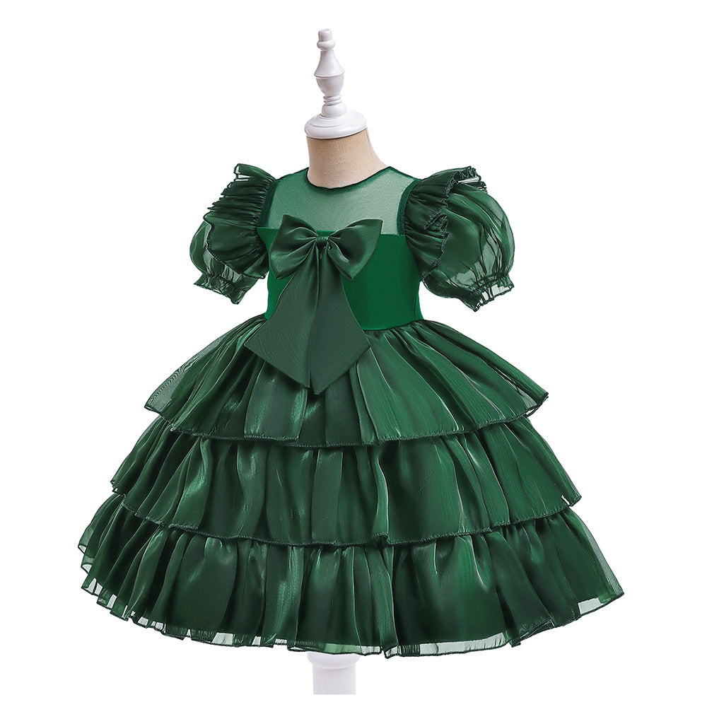 Red Organza Puffy Sleeve Ball Gown for Girls - Party & Flower Girl Dress