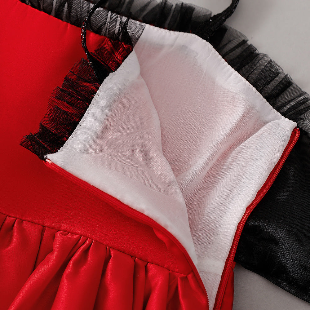 Red Polka Dot Satin A-Line Party Dress for Girls, Sweetheart Neck, Tiered Skirt