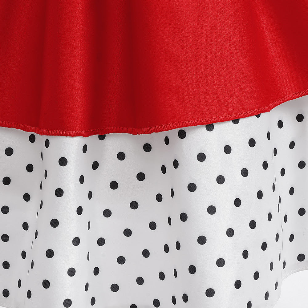 Red Polka Dot Satin A-Line Party Dress for Girls, Sweetheart Neck, Tiered Skirt