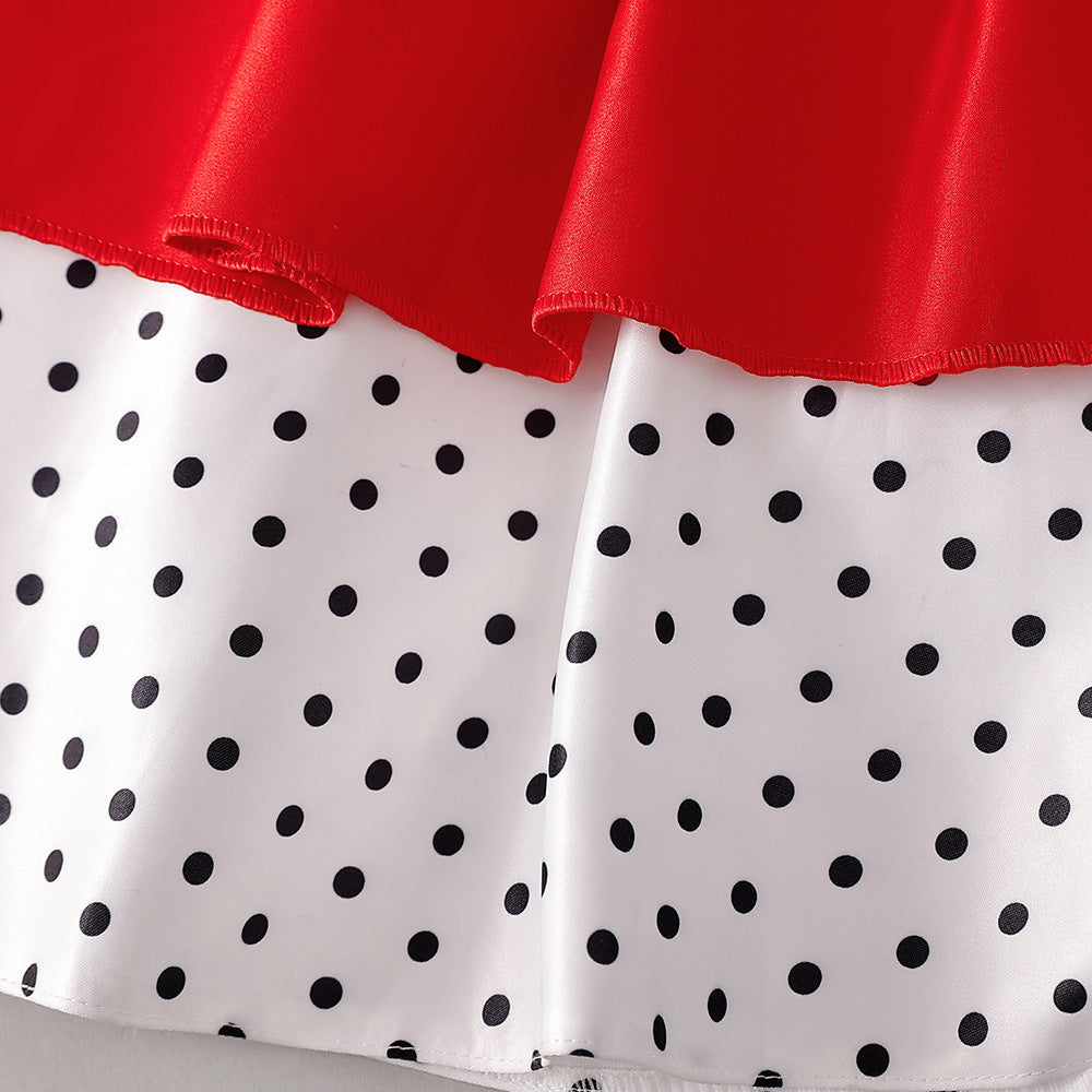 Red Polka Dot Satin A-Line Party Dress for Girls, Sweetheart Neck, Tiered Skirt