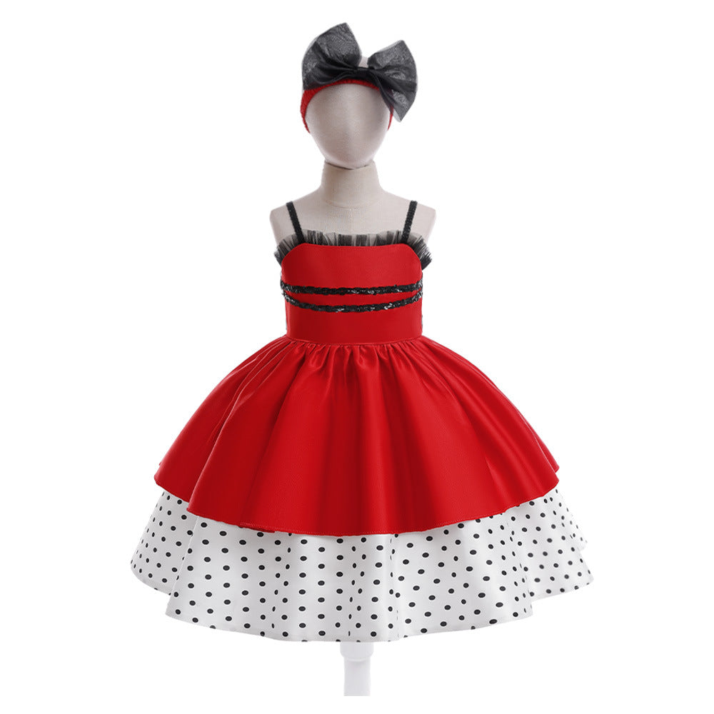 Red Polka Dot Satin A-Line Party Dress for Girls, Sweetheart Neck, Tiered Skirt
