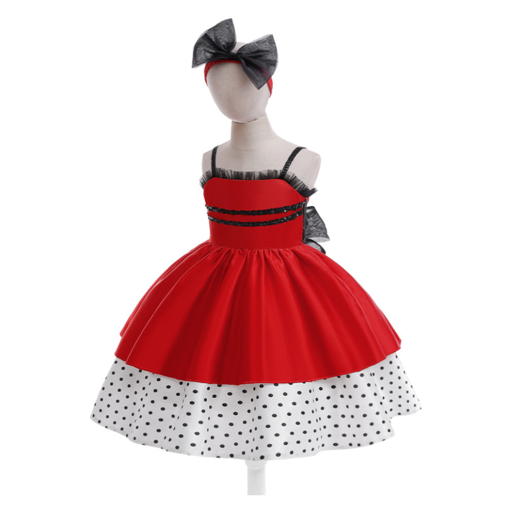 Red Polka Dot Satin A-Line Party Dress for Girls, Sweetheart Neck, Tiered Skirt