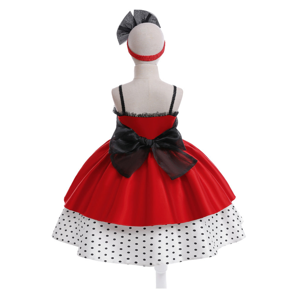 Red Polka Dot Satin A-Line Party Dress for Girls, Sweetheart Neck, Tiered Skirt