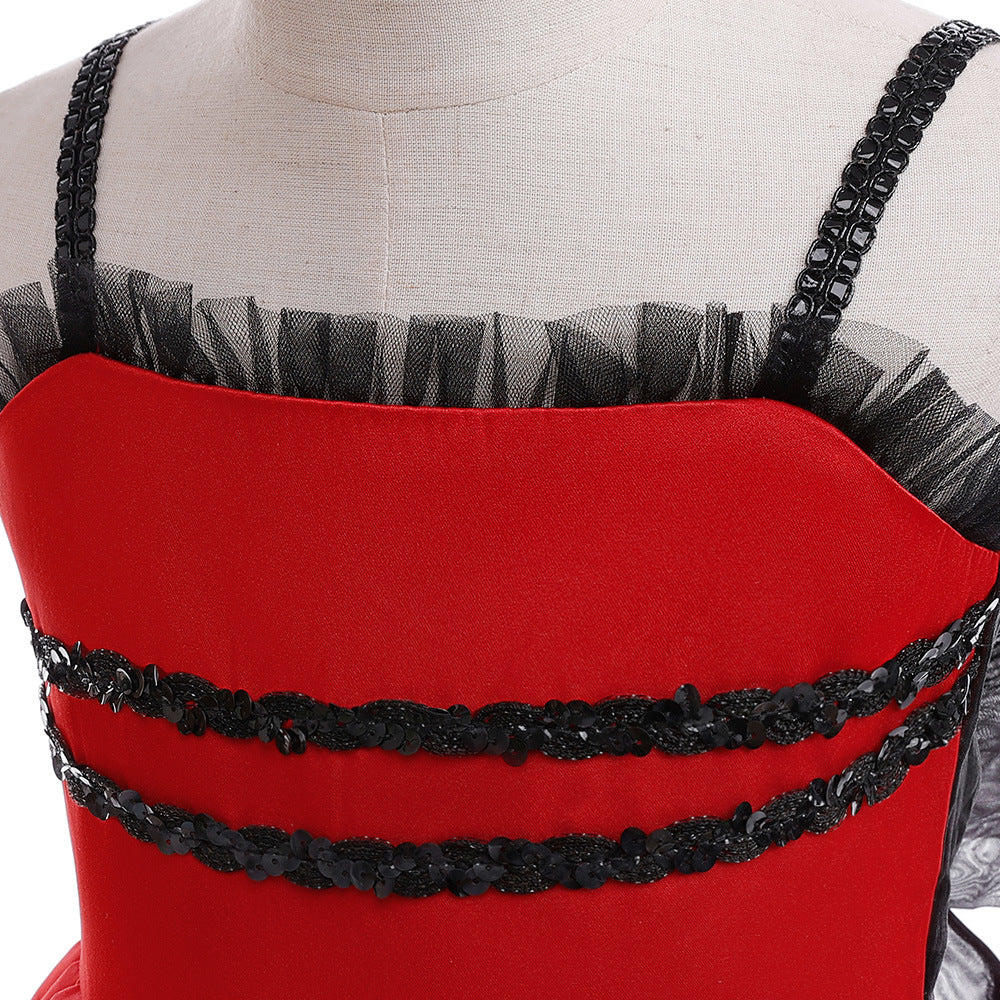 Red Polka Dot Satin A-Line Party Dress for Girls, Sweetheart Neck, Tiered Skirt