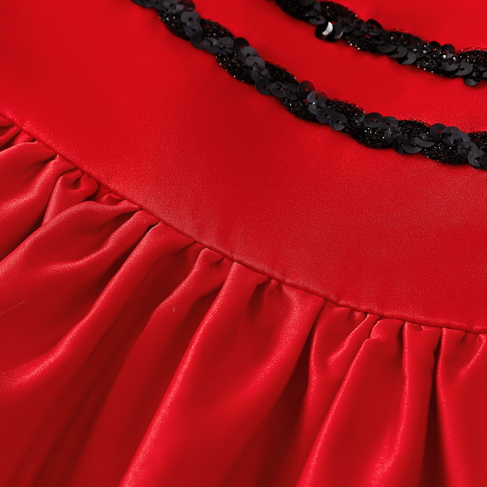Red Polka Dot Satin A-Line Party Dress for Girls, Sweetheart Neck, Tiered Skirt