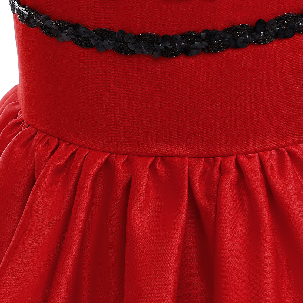 Red Polka Dot Satin A-Line Party Dress for Girls, Sweetheart Neck, Tiered Skirt