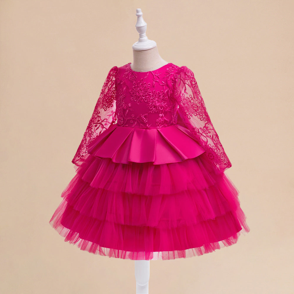 Rose Red Long Sleeve Princess Dress for Girls, A-Line Tea Length Party Dress 3-8Y