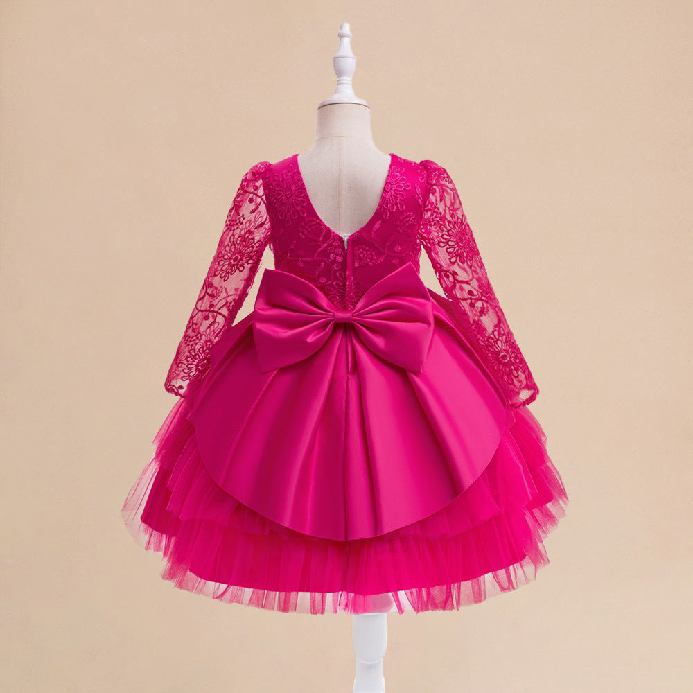 Rose Red Long Sleeve Princess Dress for Girls, A-Line Tea Length Party Dress 3-8Y