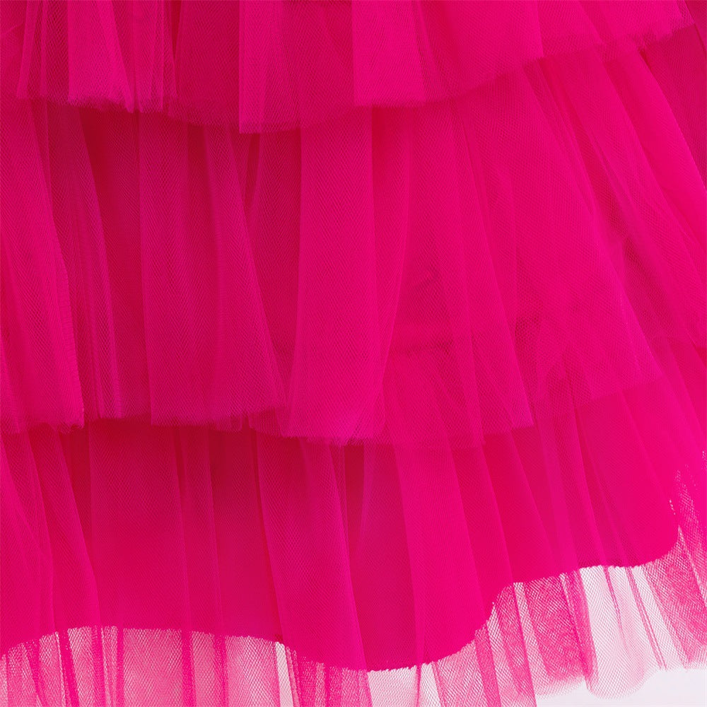Rose Red Long Sleeve Princess Dress for Girls, A-Line Tea Length Party Dress 3-8Y