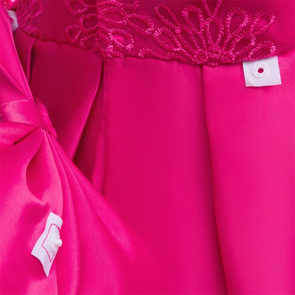 Rose Red Long Sleeve Princess Dress for Girls, A-Line Tea Length Party Dress 3-8Y