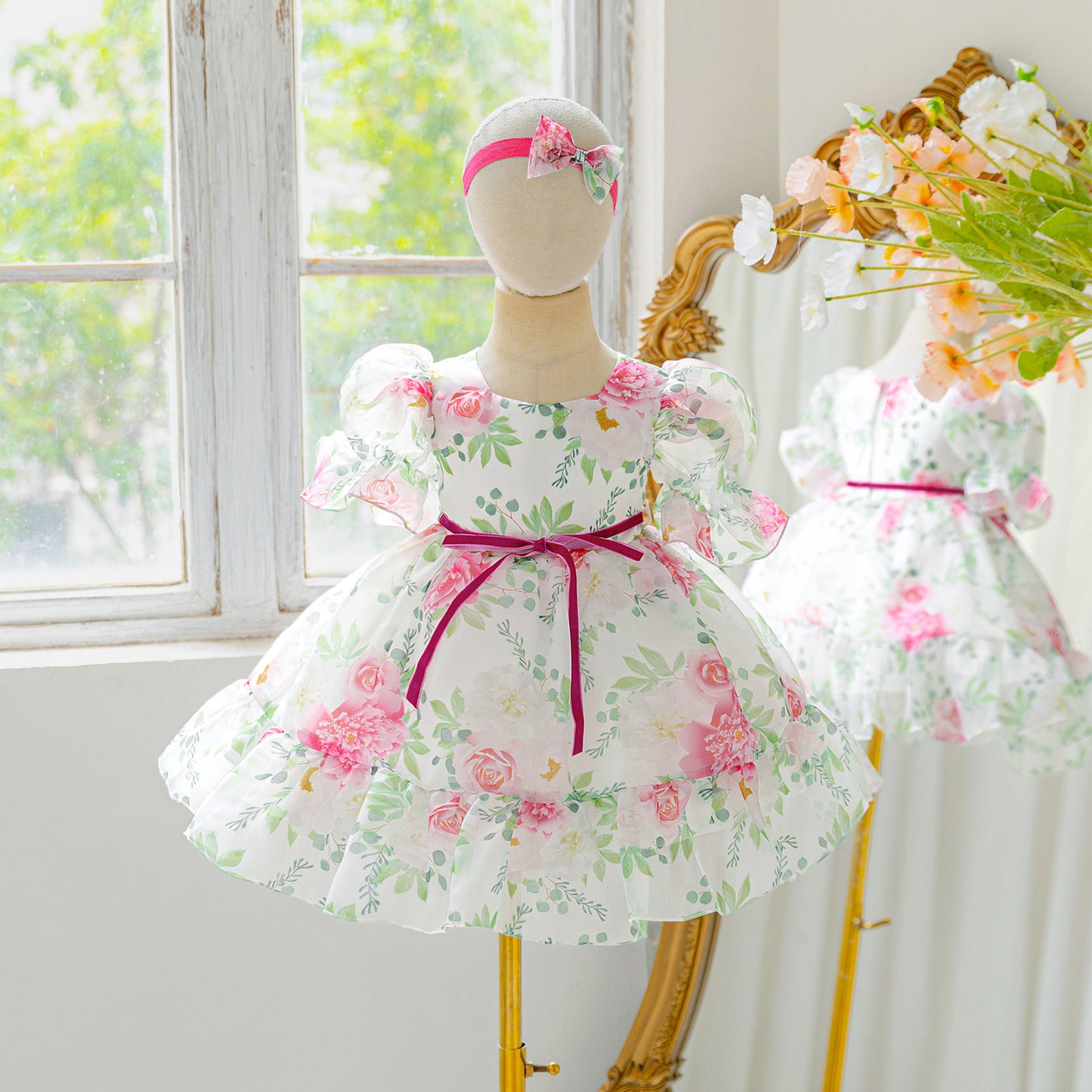 Rose Red Floral Puffy Dress for Girls - Infant & Toddler Party Gown