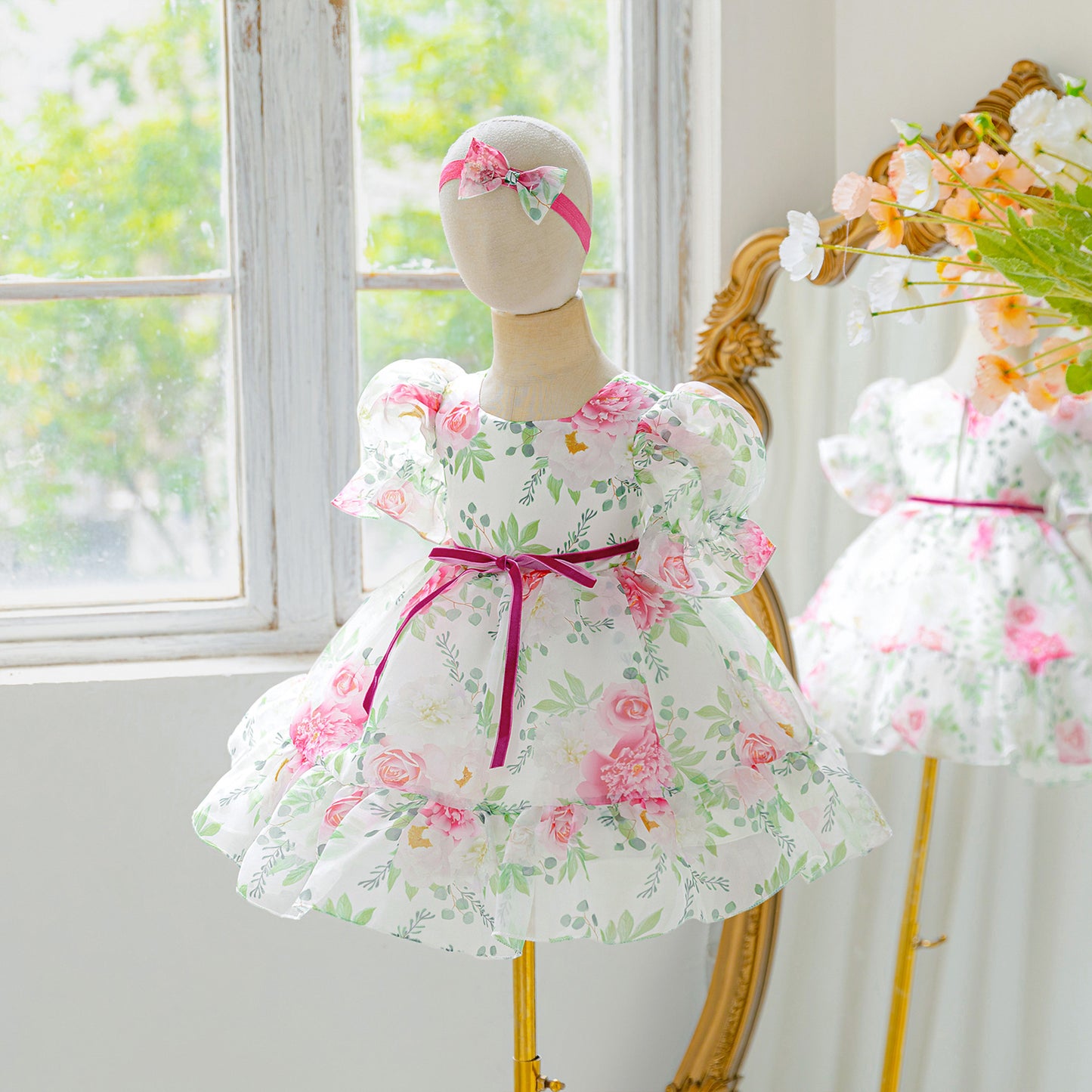 Rose Red Floral Puffy Dress for Girls - Infant & Toddler Party Gown