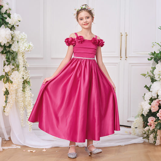 Frocklet Rose Red Satin Off-Shoulder Flower Girl Maxi Dress - Cute A-Line Party Gown 1