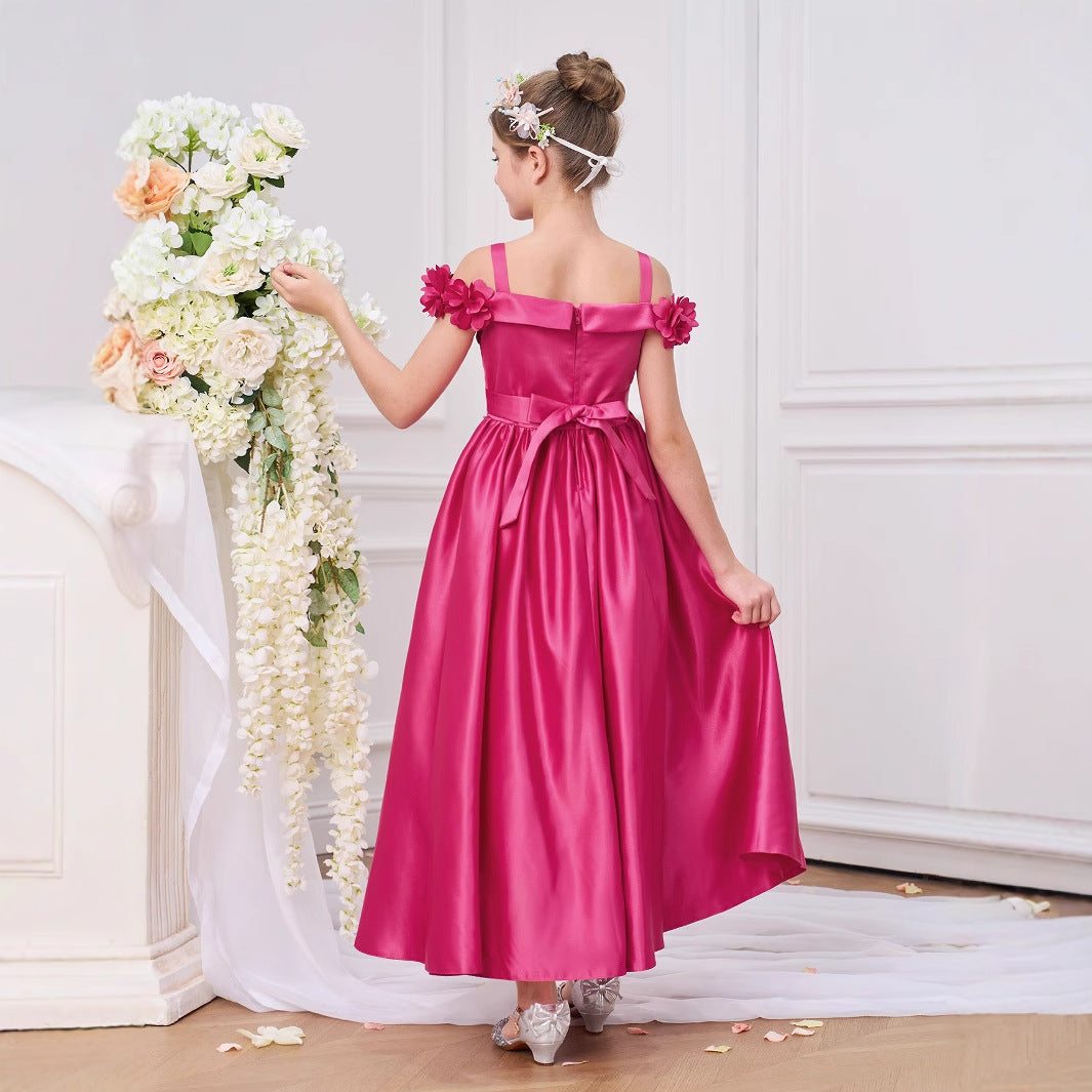 Frocklet Rose Red Satin Off-Shoulder Flower Girl Maxi Dress - Cute A-Line Party Gown 2