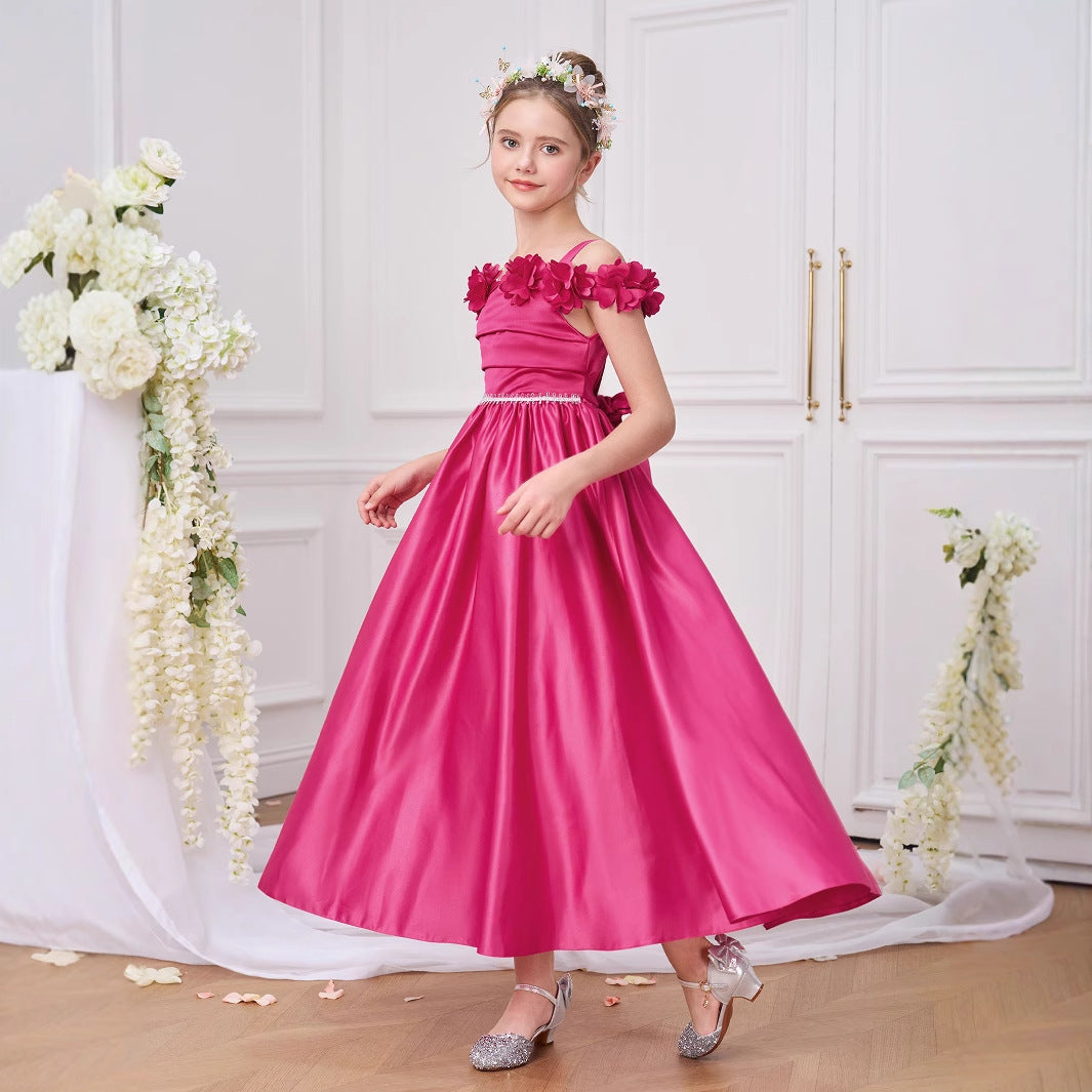 Rose Red Satin Off-Shoulder Flower Girl Maxi Dress - Cute A-Line Party Gown