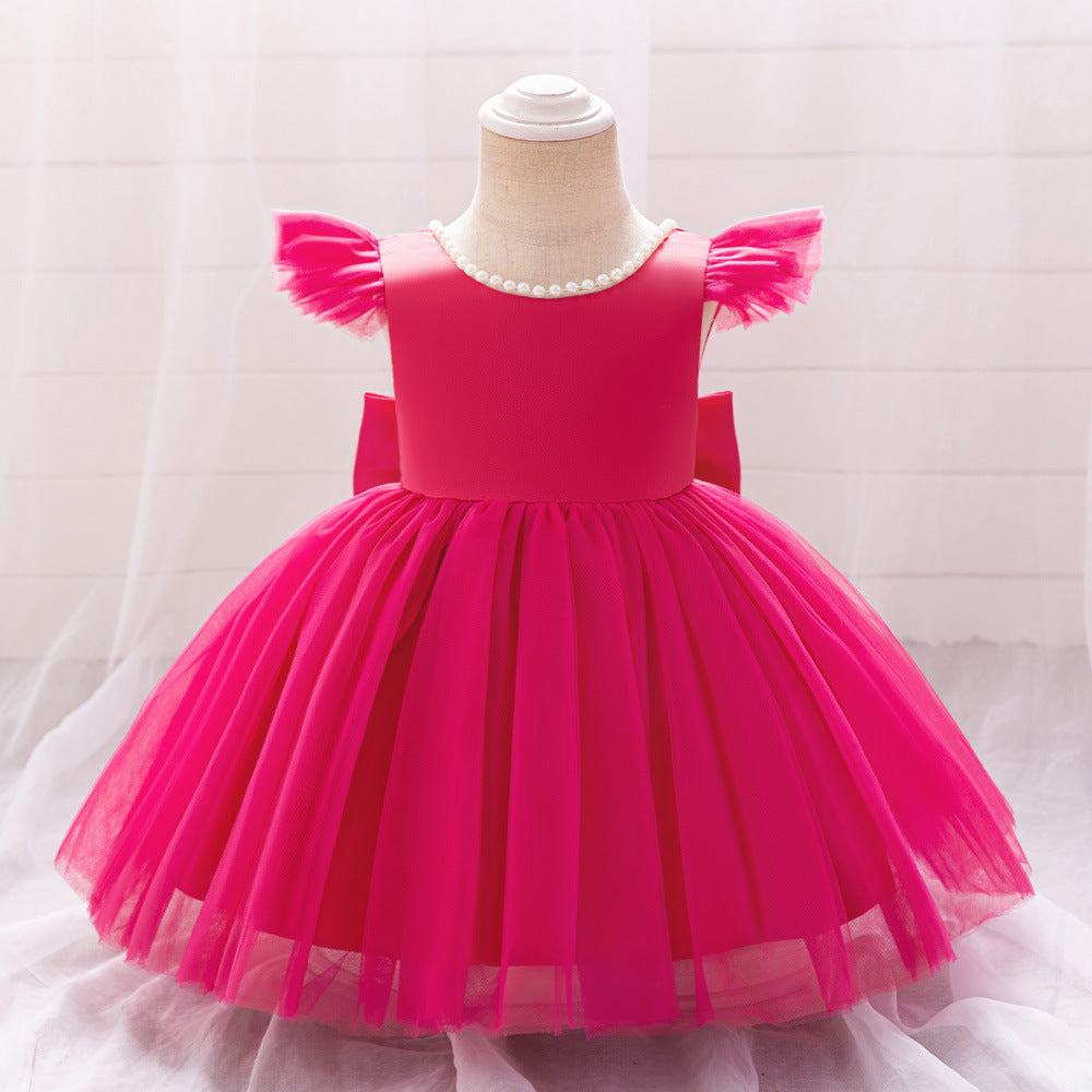 Rose Red Princess Ball Gown Dress for Girls | Puffy Flower Girl Dress Tea Length