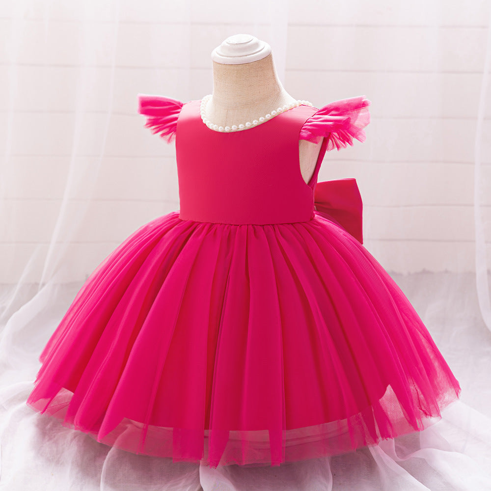 Rose Red Princess Ball Gown Dress for Girls | Puffy Flower Girl Dress Tea Length