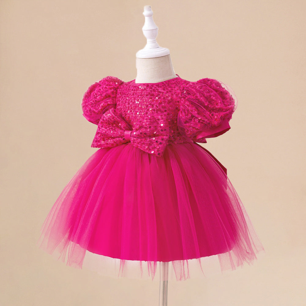 Rose Red Sequin Princess Ball Gown for Girls - Puff Sleeve Party Dress