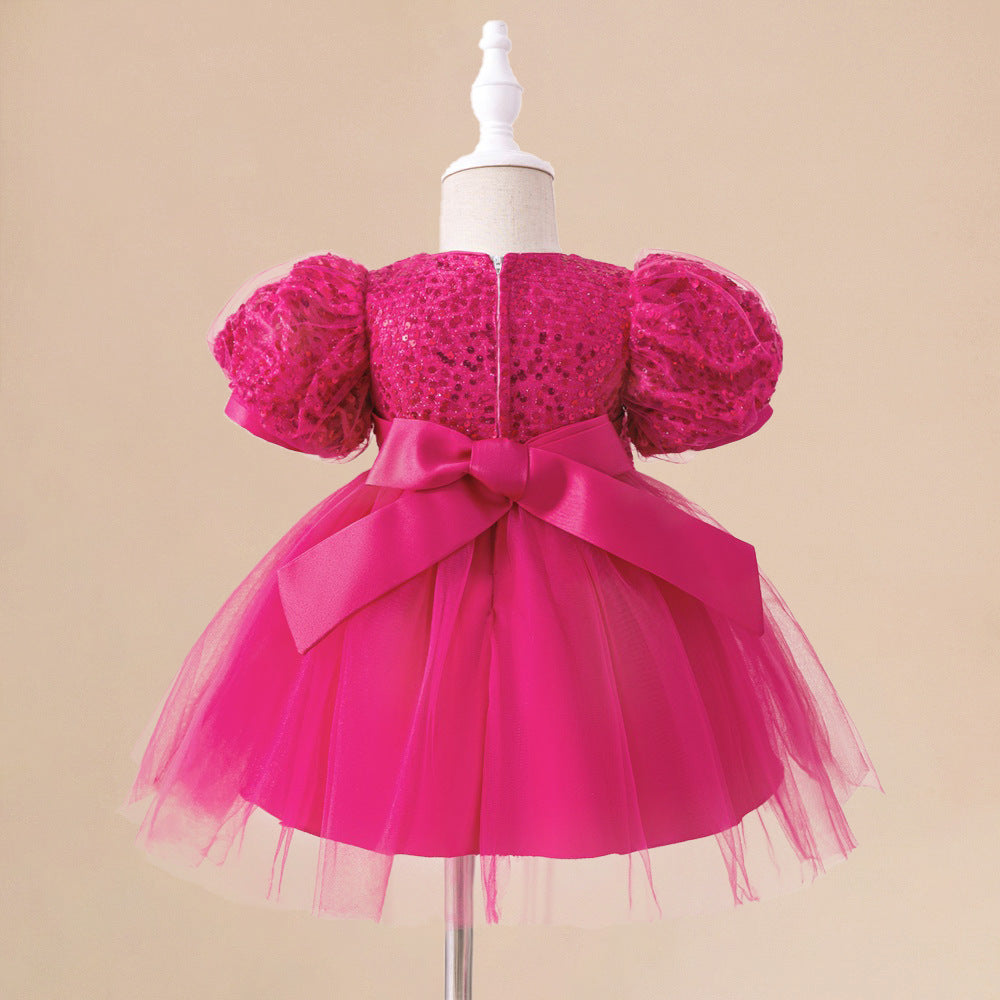Rose Red Sequin Princess Ball Gown for Girls - Puff Sleeve Party Dress