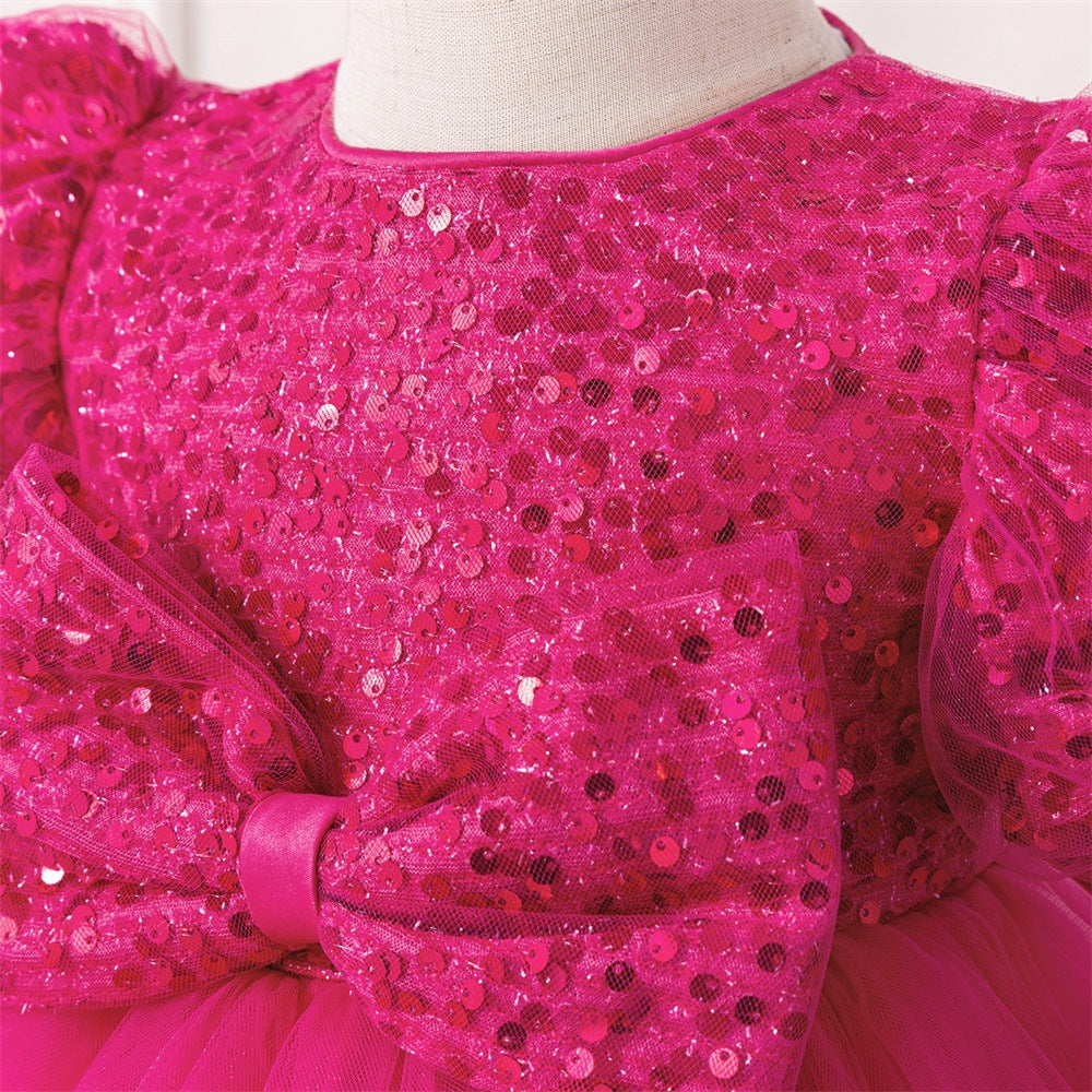 Rose Red Sequin Princess Ball Gown for Girls - Puff Sleeve Party Dress