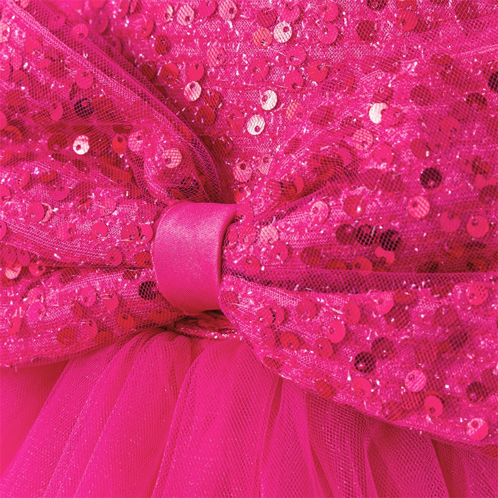 Rose Red Sequin Princess Ball Gown for Girls - Puff Sleeve Party Dress