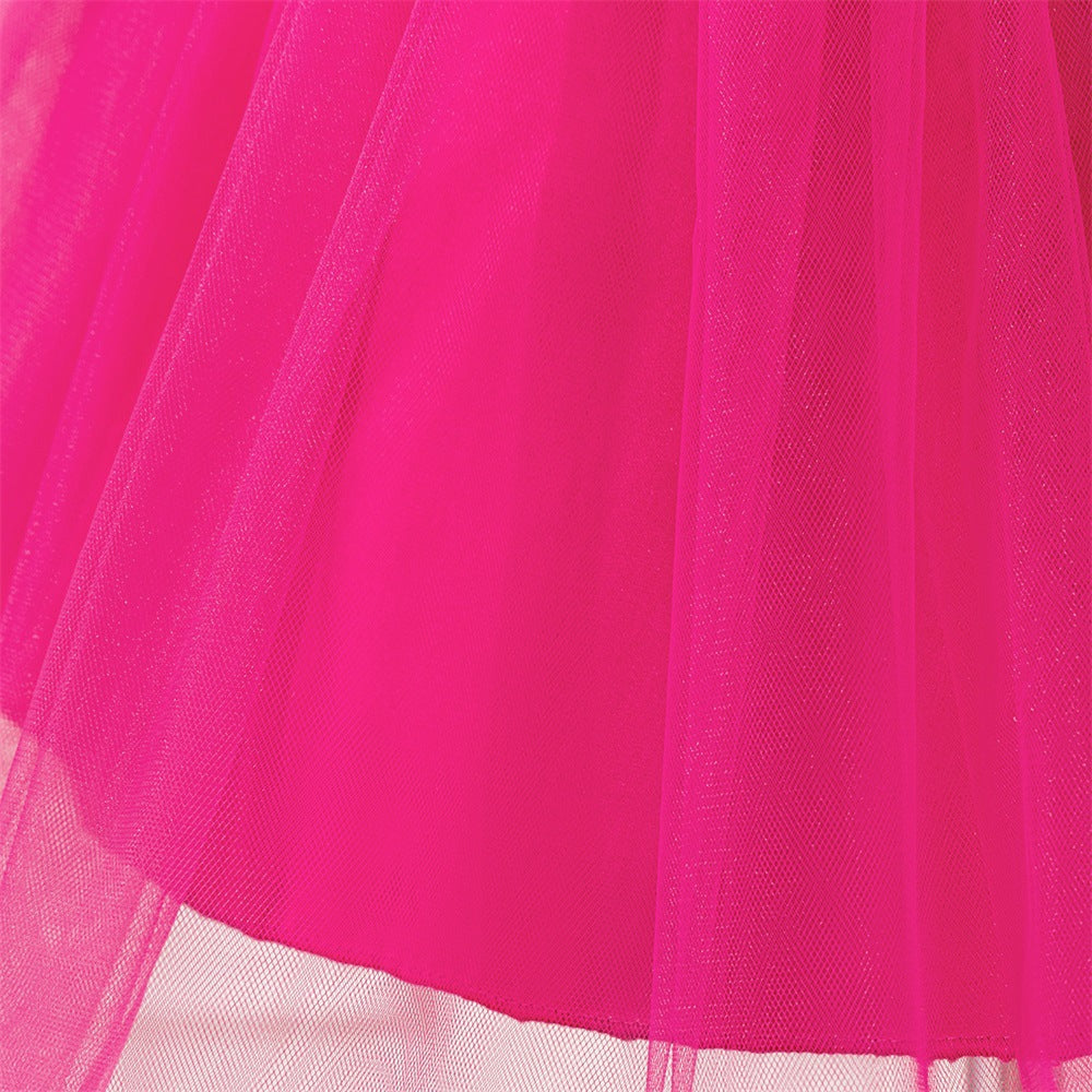 Rose Red Sequin Princess Ball Gown for Girls - Puff Sleeve Party Dress
