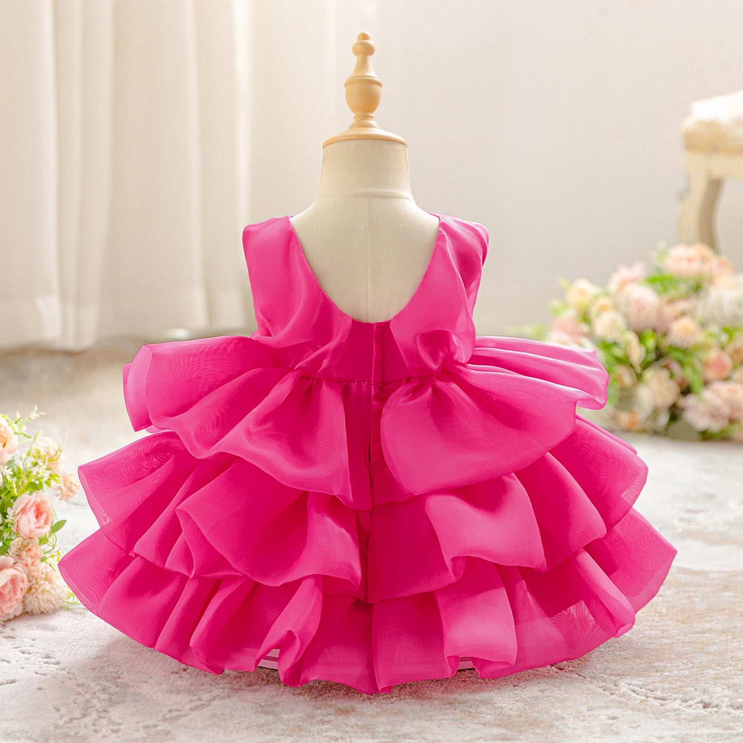 Rose Red Tiered Organza Ball Gown Dress for Girls | Cute Puffy Flower Girl Birthday Party Dress