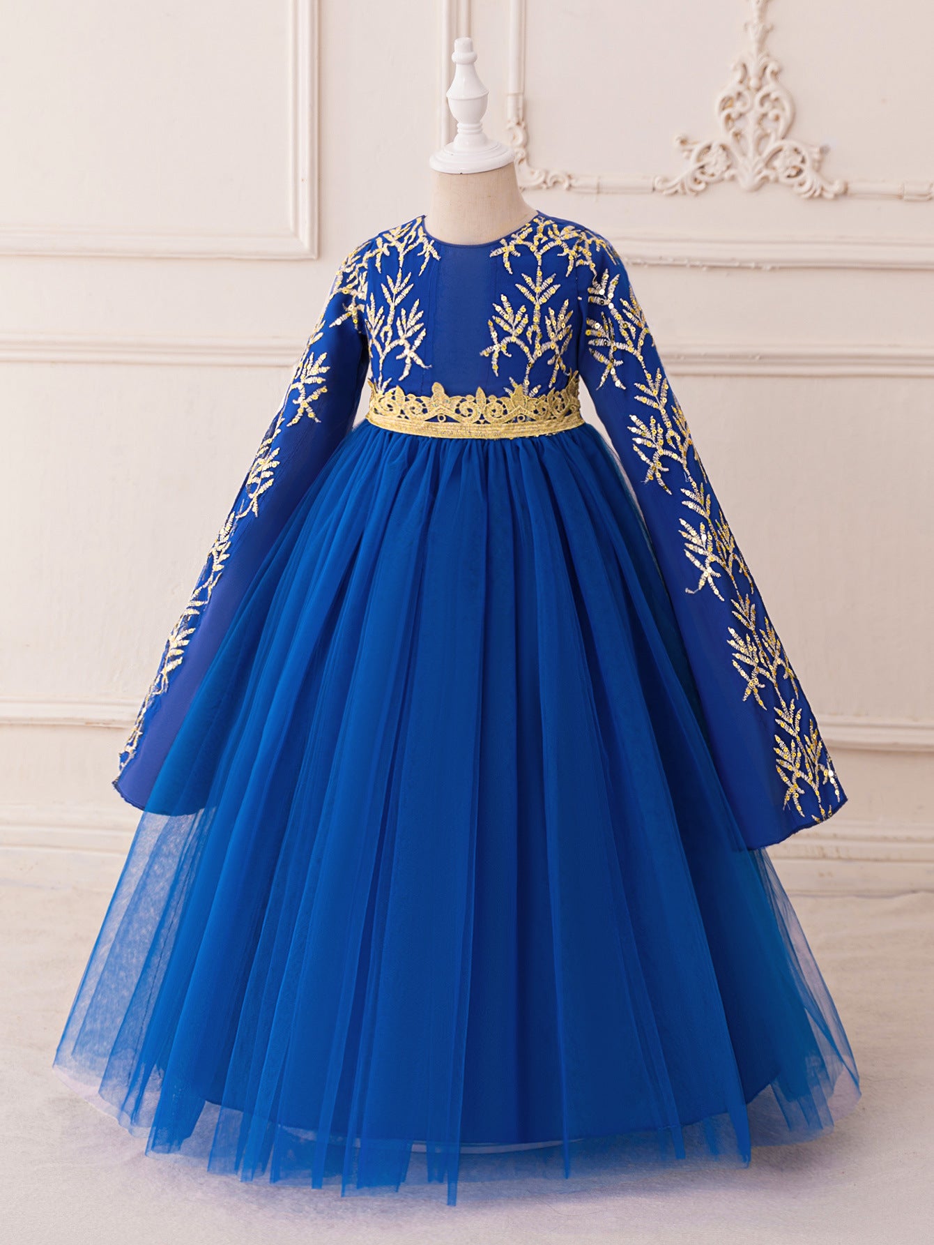 Royal Blue A-Line Tulle Maxi Dress with Embroidery for Girls | Cute & Playful Long Sleeve Gown