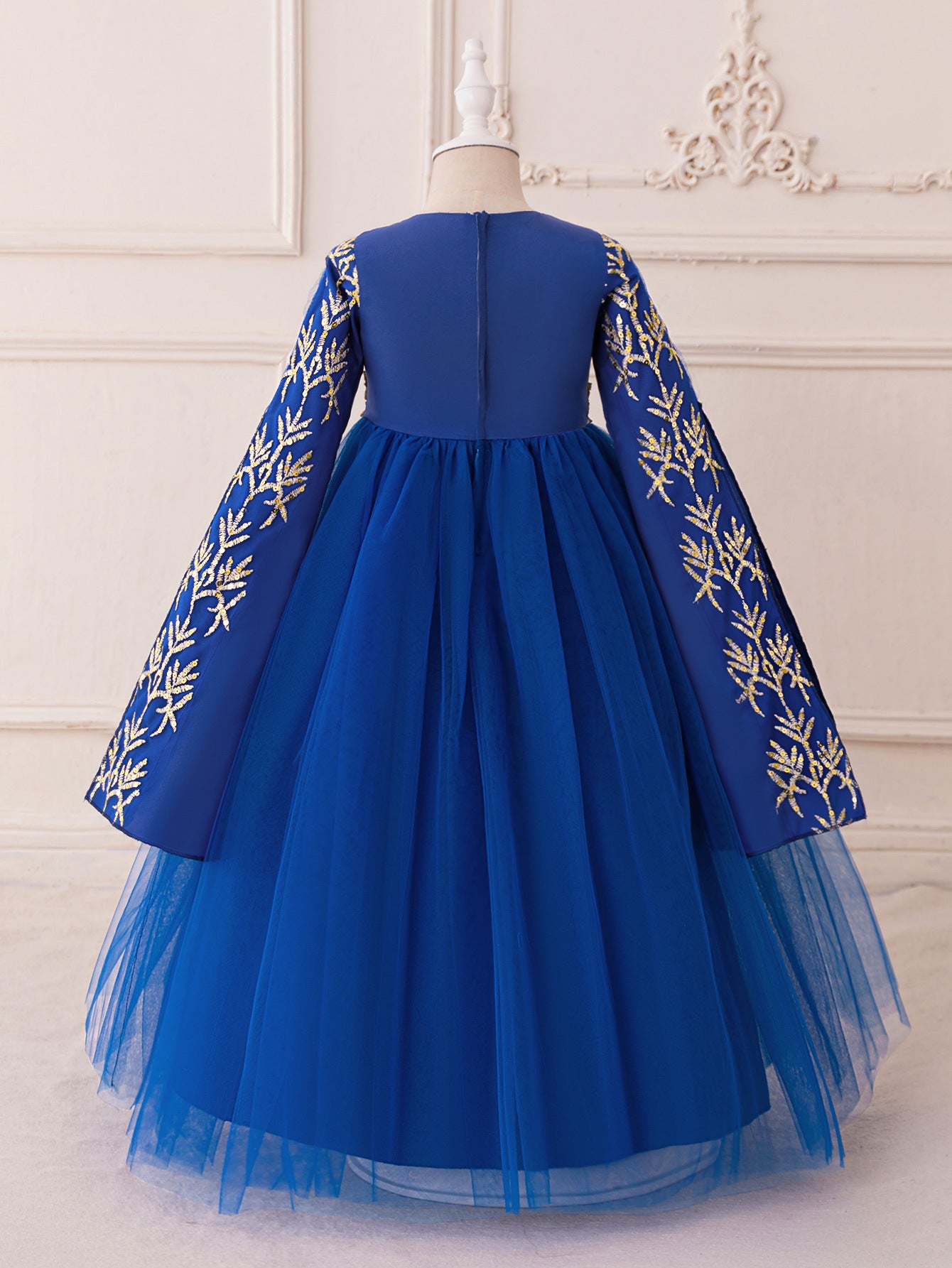 Royal Blue A-Line Tulle Maxi Dress with Embroidery for Girls | Cute & Playful Long Sleeve Gown