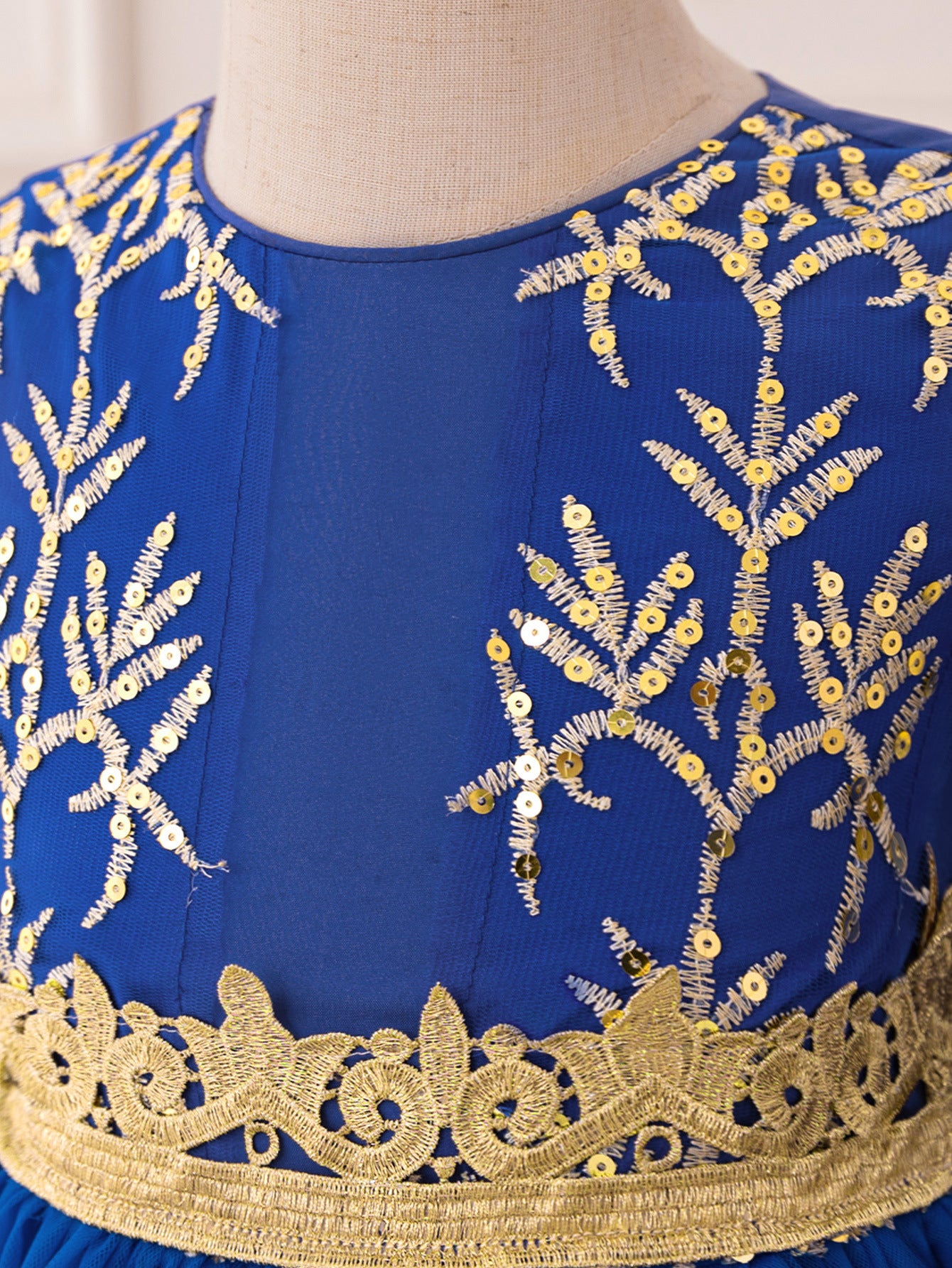 Royal Blue A-Line Tulle Maxi Dress with Embroidery for Girls | Cute & Playful Long Sleeve Gown