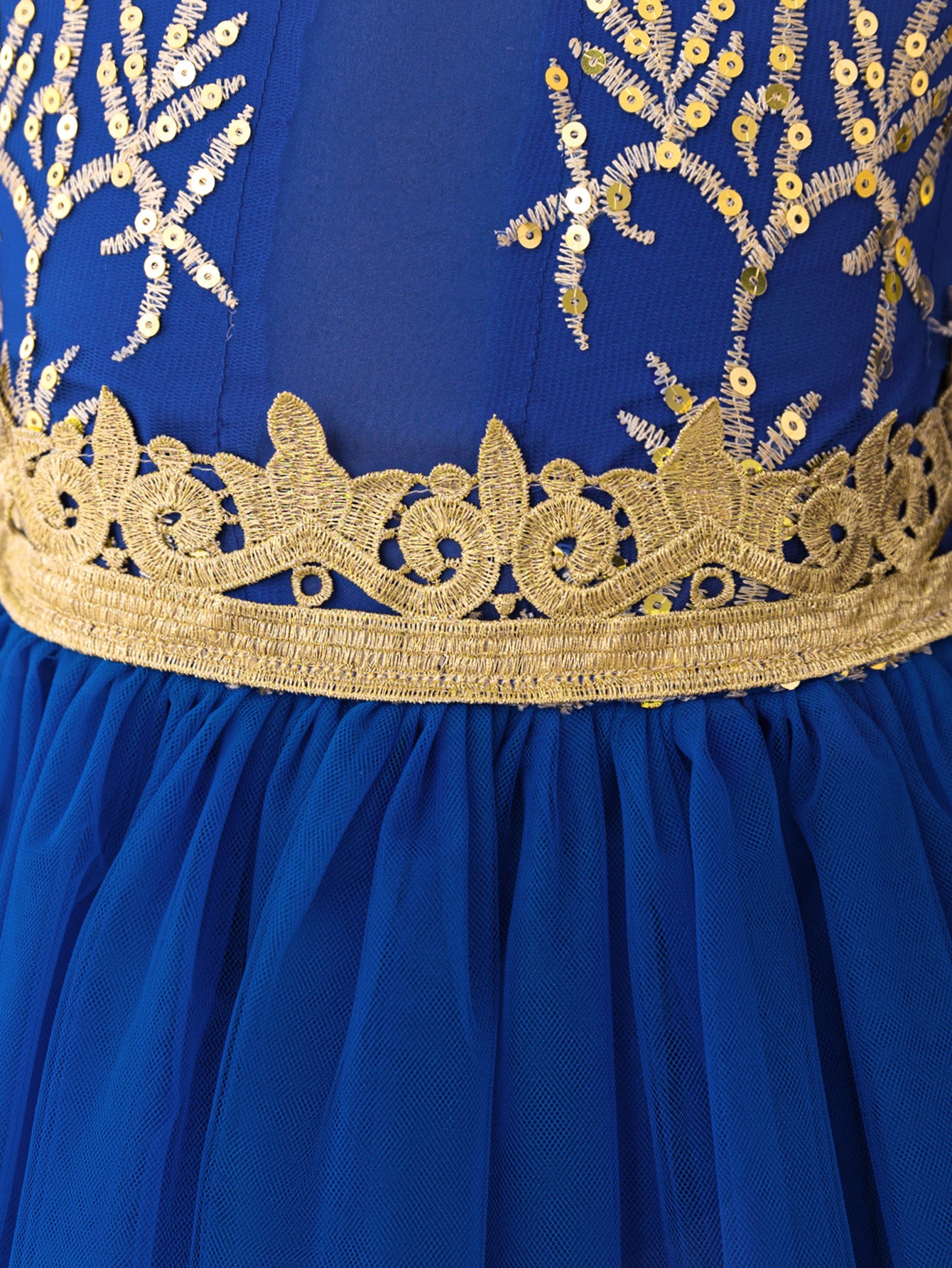 Royal Blue A-Line Tulle Maxi Dress with Embroidery for Girls | Cute & Playful Long Sleeve Gown