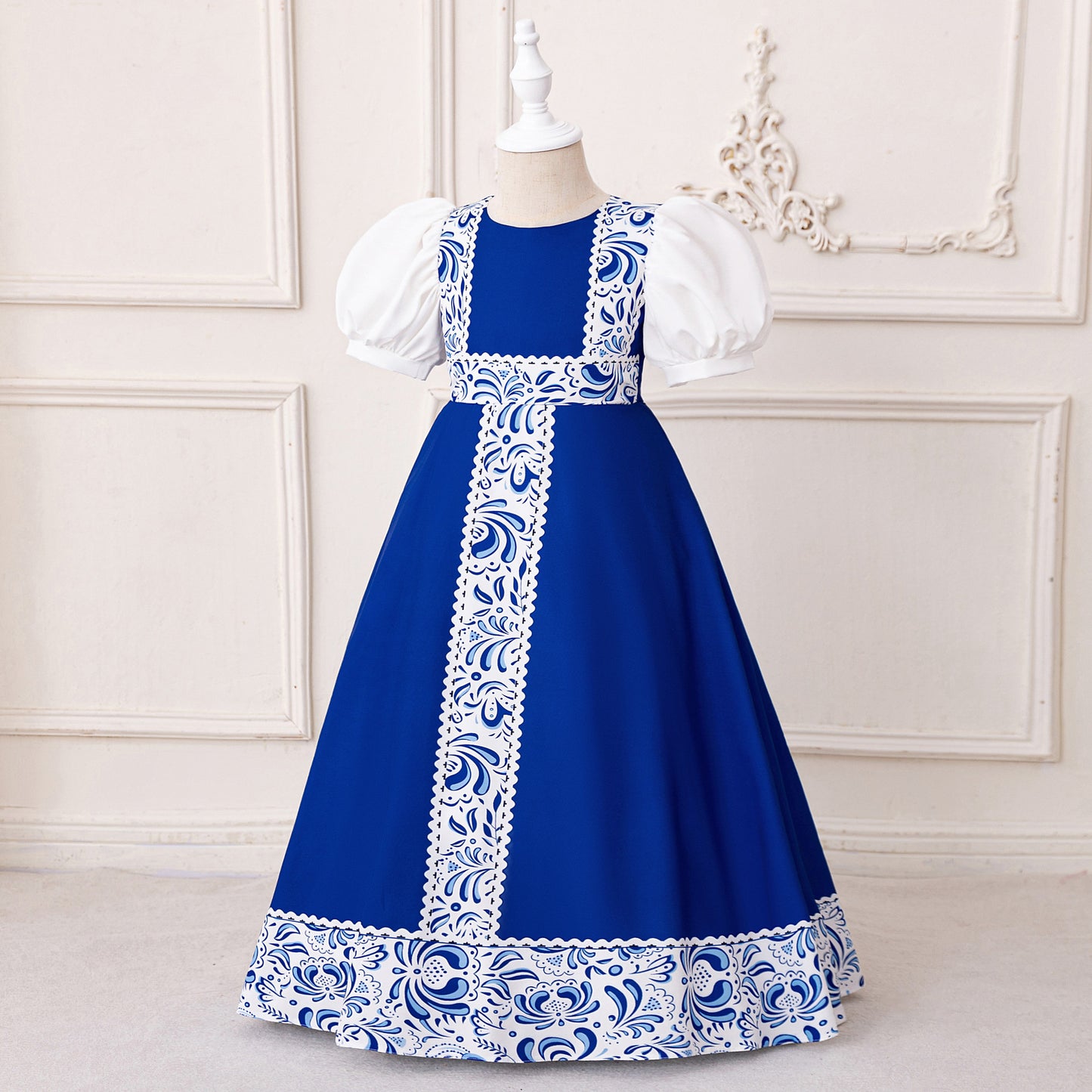 Royal Blue Floral Print Maxi Princess Dress for Girls Aged 3-8 | Elegant Flower Girl & Party Gown