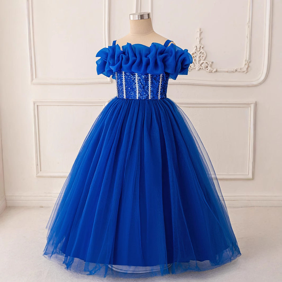 Royal Blue Sequin Off-Shoulder Princess Dress for Girls (Ages 5-13) | Maxi Tulle Formal Gown