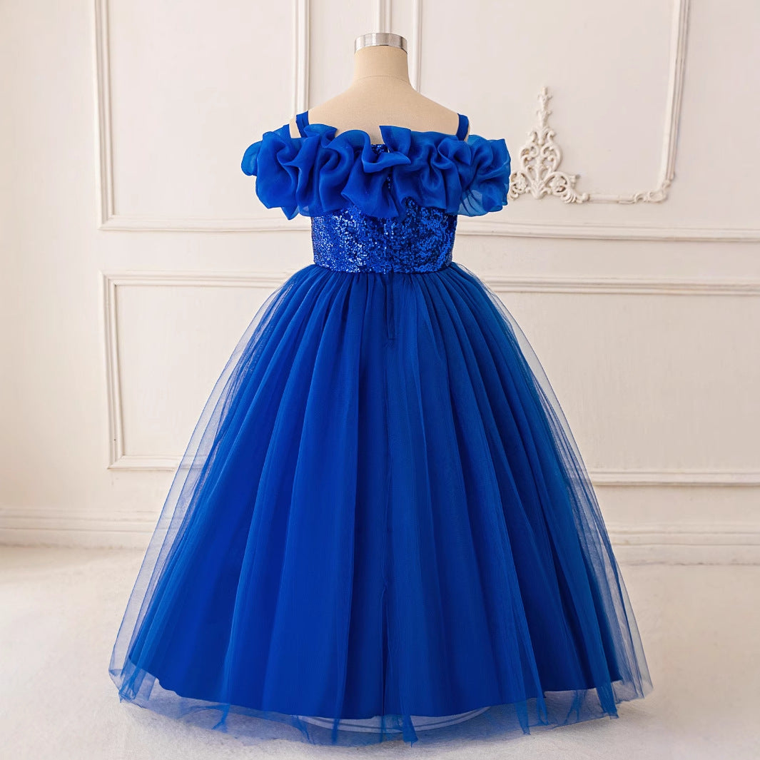 Royal Blue Sequin Off-Shoulder Princess Dress for Girls (Ages 5-13) | Maxi Tulle Formal Gown
