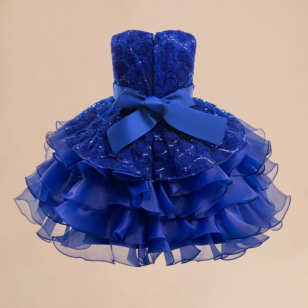 Royal Blue Puffy Flower Girl Dress with Sequins, Embroidery & Bowknots | Cute Princess Gown