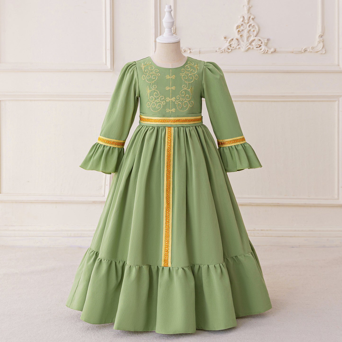 Sage Green A-Line Maxi Dress with Embroidery & Bowknot for Girls | Party & Formal Outfit