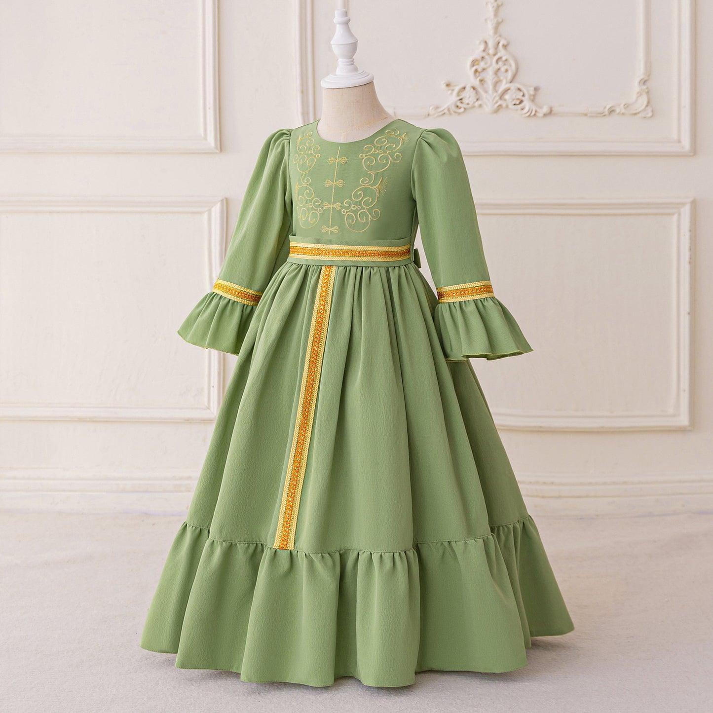 Sage Green A-Line Maxi Dress with Embroidery & Bowknot for Girls | Party & Formal Outfit
