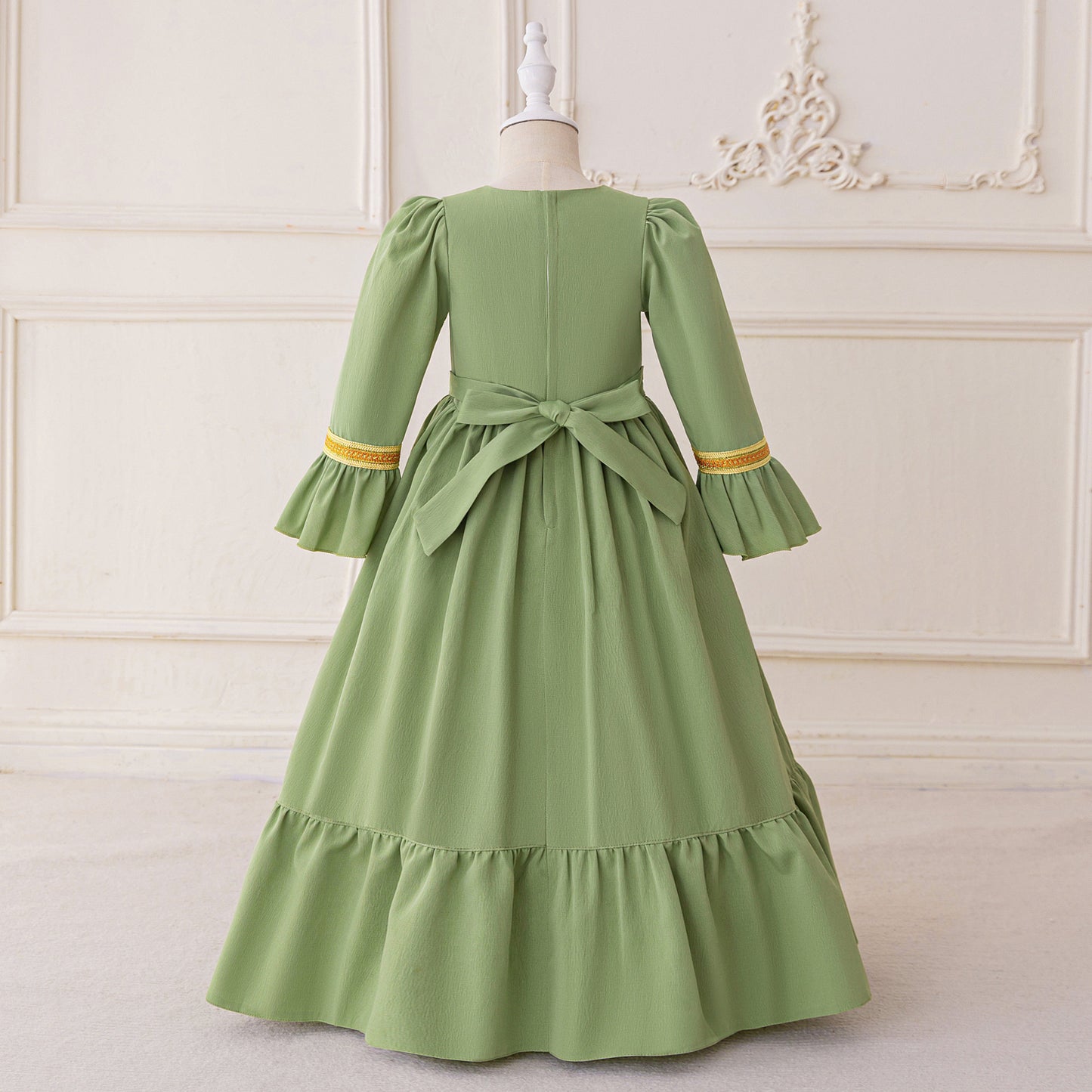 Sage Green A-Line Maxi Dress with Embroidery & Bowknot for Girls | Party & Formal Outfit
