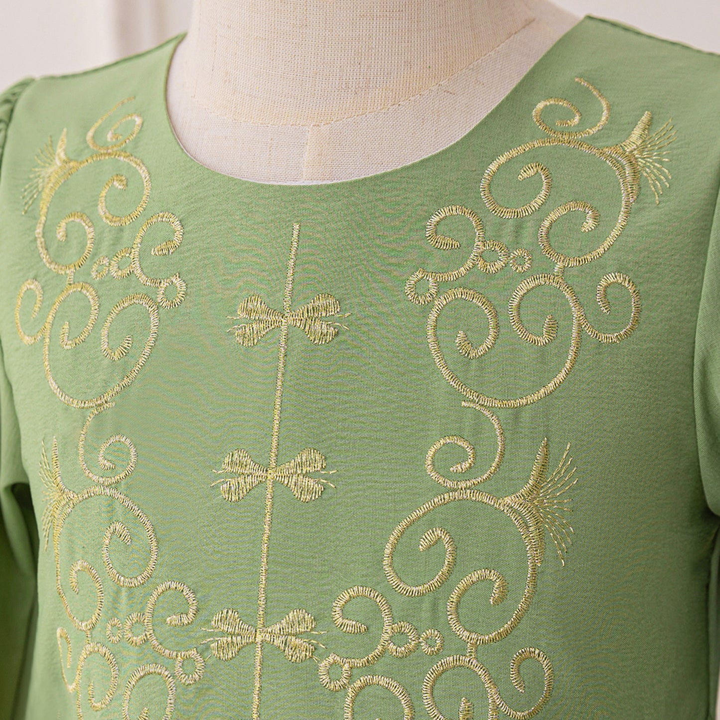 Sage Green A-Line Maxi Dress with Embroidery & Bowknot for Girls | Party & Formal Outfit