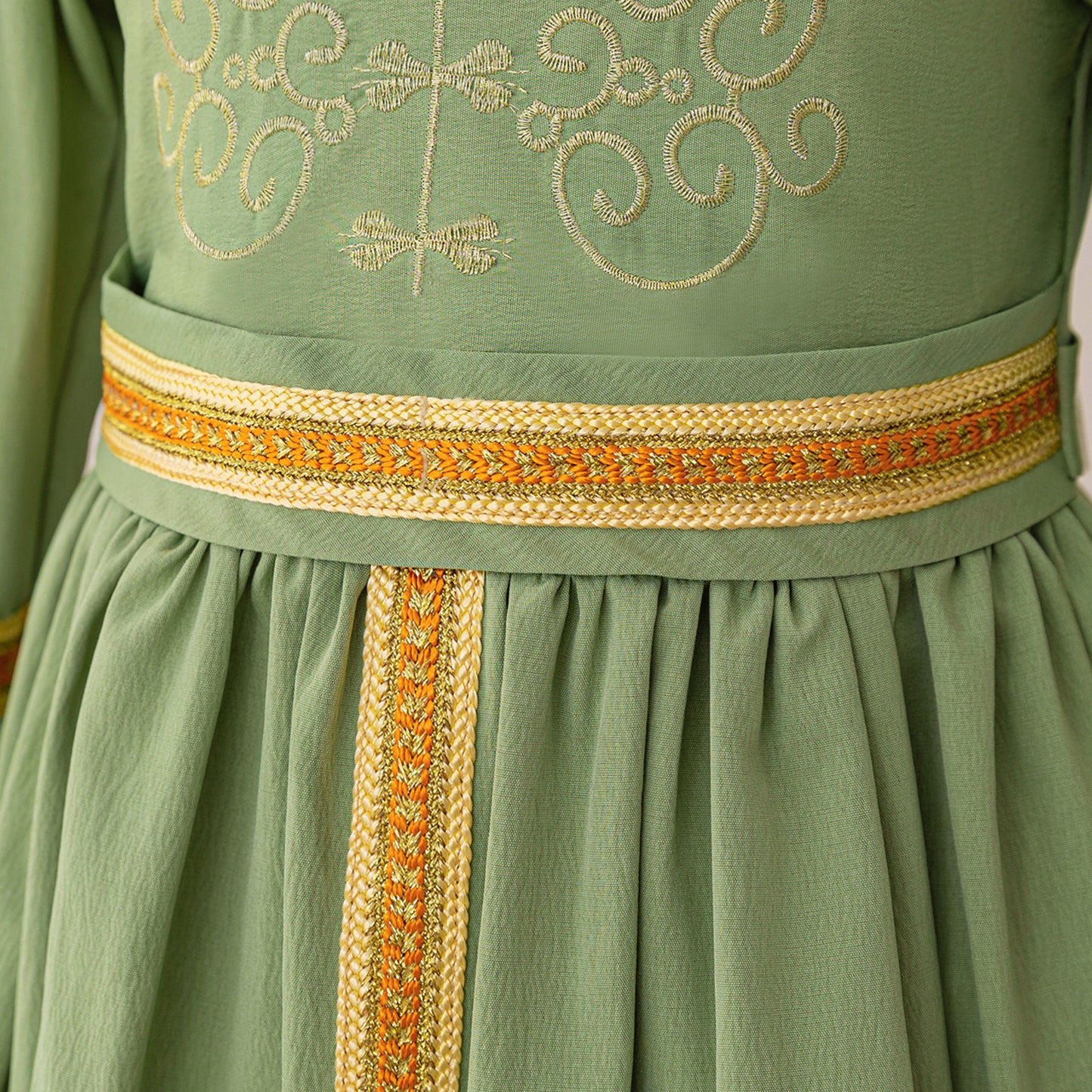 Sage Green A-Line Maxi Dress with Embroidery & Bowknot for Girls | Party & Formal Outfit