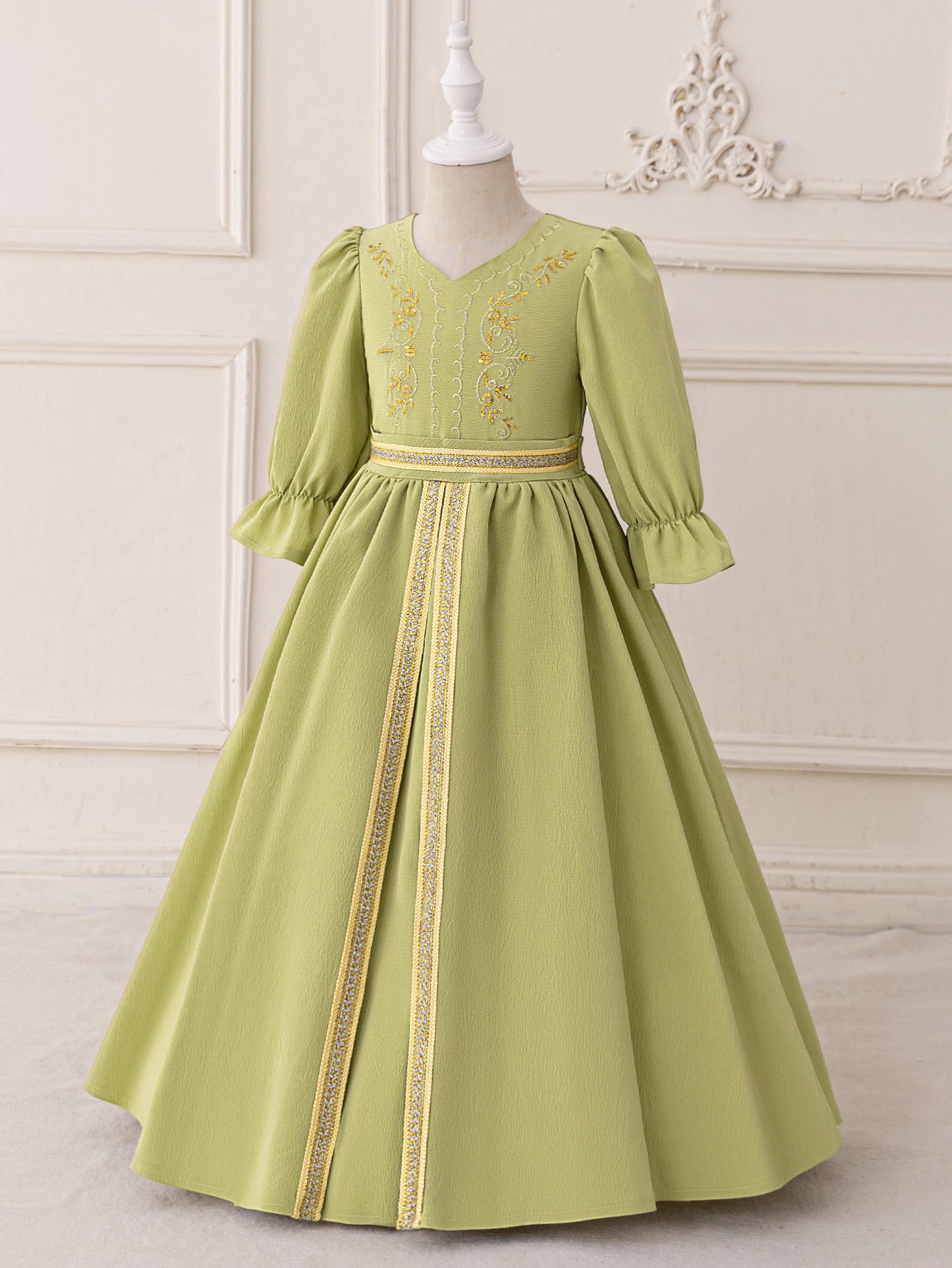 Sage Green Embroidered Maxi Dress with Bowknot for Girls (Ages 3-8)
